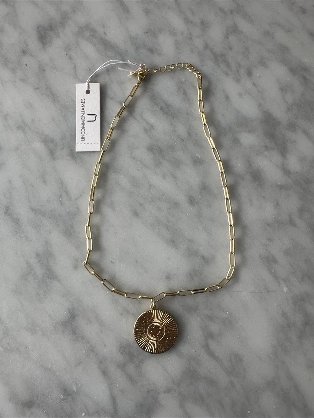 Uncommon James Gold Sunburst Medallion Pendant Paperclip Chain NWT